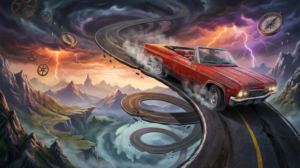 Dik bir yokuştan aşağı hızla inen ve frenleri tutmayan kırmızı bir arabanın sembolik görünümü.