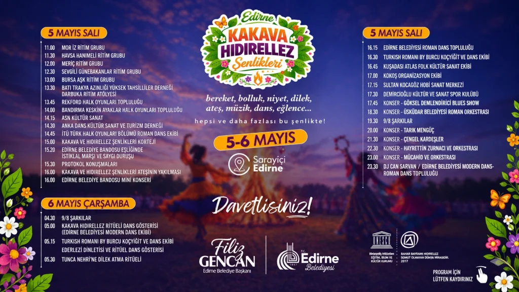 Edirne Kakava ve Hıdırellez 2026 programı açıklandı! Sarayiçi'nde konserler, dev ateş ritüeli ve nehir gelenekleriyle bahar coşkusu sizi bekliyor. Edirne Haberler