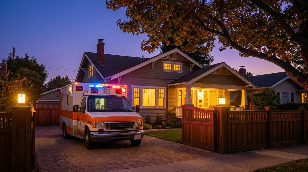 Geleneksel bir evin önünde, kapıda bekleyen bir ambulans; ailevi meselelerdeki ani gelişmeleri temsil eder.