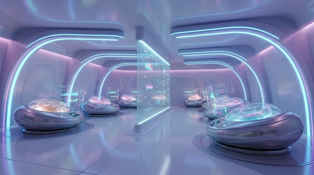 Geleceğin hastanelerinde bulunması öngörülen, geleneksel kuvözlerin yerini alan çoklu yapay rahim (Ectogenesis) ünitelerinin fütüristik tasarımı.