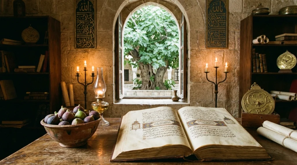 Kadim rüya tabirleri kaynaklarını ve İslami rüya ilmini temsil eden, üzerinde incir meyveleri olan eski bir el yazması ve ağaç figürü.