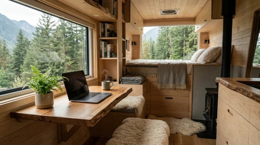 Karavan içerisinde çalışan bir kişinin minimalist ve düzenli yaşam alanı.