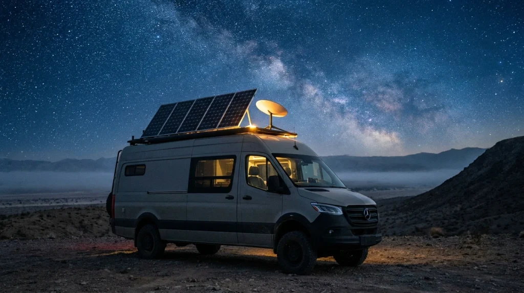 Karavanın üstündeki güneş panelleri ve gece kamp alanında teknik hazırlık.