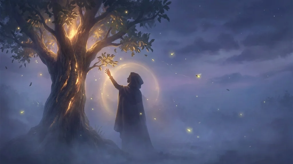 Güvenli bir sığınak olarak ağaca tırmanmayı temsil eden mistik görsel.