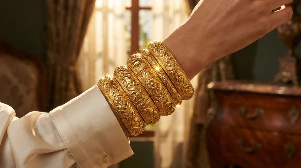 Bir kadının koluna dizilmiş ışıl ışıl altın bilezikler. Gücü, bereketi ve mirası simgeleyen detaylı bir kare.