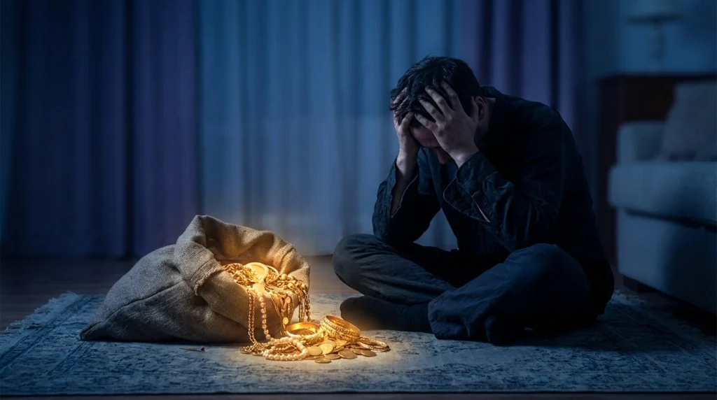 Çaldığı altınlarla baş başa kalmış, pişmanlık içinde düşünen bir figürün melankolik tasviri.