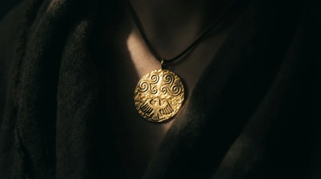 Boyunda asılı duran ağır ve işlemeli bir altın kolye. Sorumluluk ve toplumsal saygınlığı simgeleyen mistik bir duruş.