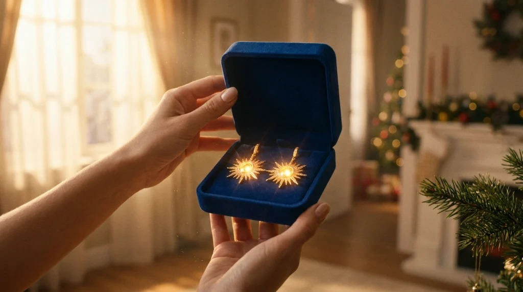 Bir kadına hediye edilen altın küpelerle gelen mutluluğu ve hayırlı kısmeti temsil eden görsel.