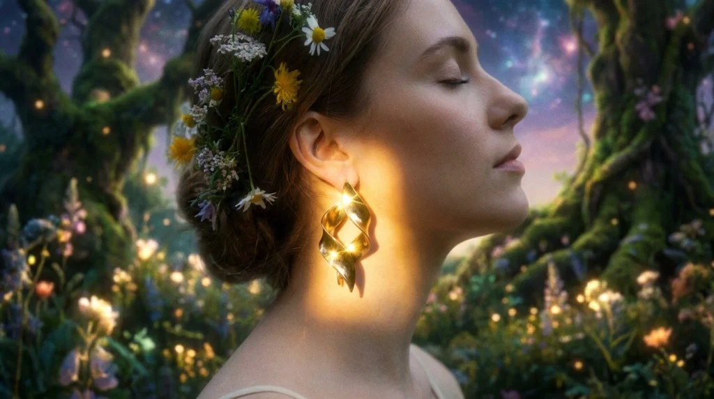 Rüyasında altın küpe takan bir kadının özgüvenini ve içsel huzurunu yansıtan sanatsal çalışma.