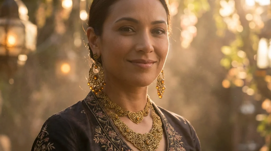 Rüyada altın takan, yüzü hafifçe parlayan huzurlu bir kadının sanatsal portresi. Altın kolyeler ve küpeler ön planda.