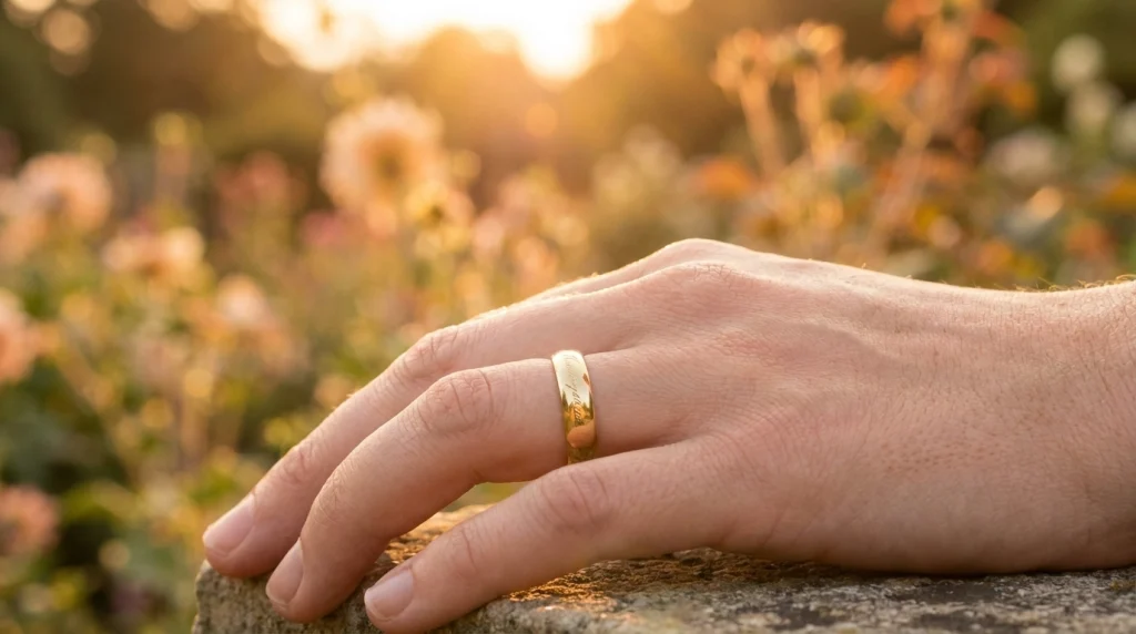 Parmakta parlayan zarif bir altın yüzük. Evlilik ve hayırlı haberleri temsil eden romantik ve sade bir görsel.
