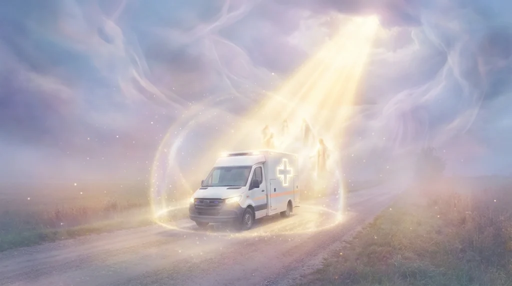 Gökyüzünden inen bir ışık huzmesinin altında duran beyaz bir ambulans, manevi şifayı ve yardımı simgeliyor.