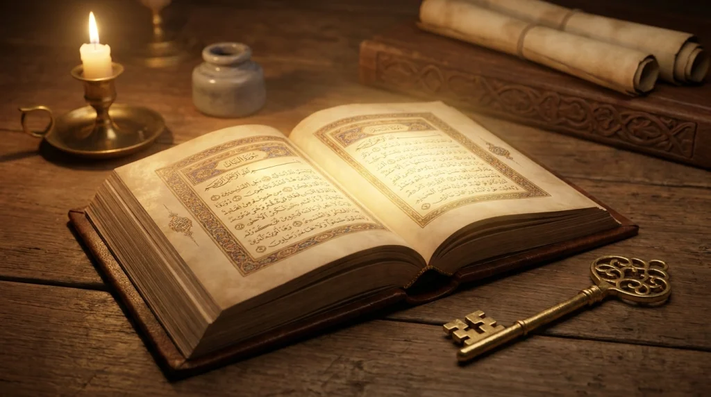 Kadim rüya tabirleri kitapları ve eski bir anahtar sembolü ile manevi bir atmosfer.