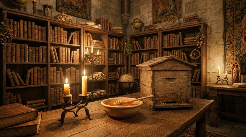 Eski bir el yazması kitabın yanında duran arı kovanı ve bal kasesi.