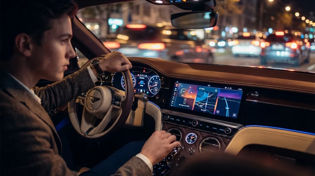 Arkadaşınızın lüks bir spor arabanın direksiyonunda olduğu, başarı ve maddi kazancı temsil eden rüya tabiri görseli.