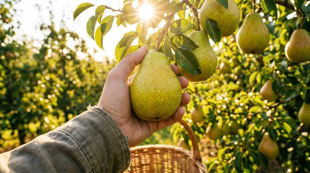 Kadim bir rüya tabiri kitabının yanında duran, sapsarı ve bereketli bir armut.