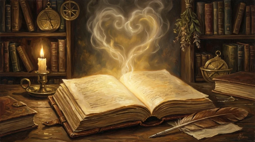 Eski bir el yazması üzerinde parlayan ışık ve aşkın manevi derinliğini simgeleyen oryantalist bir atmosfer.