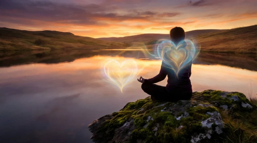 Ruhun ve kalbin huzurla dolmasını temsil eden, gün batımında meditasyon yapan bir ruh ve kalp sembolü.