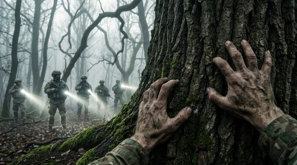 Rüyada ormanlık bir alanda ağaçların arkasına gizlenerek askerleri gözetleyen kişi figürü.