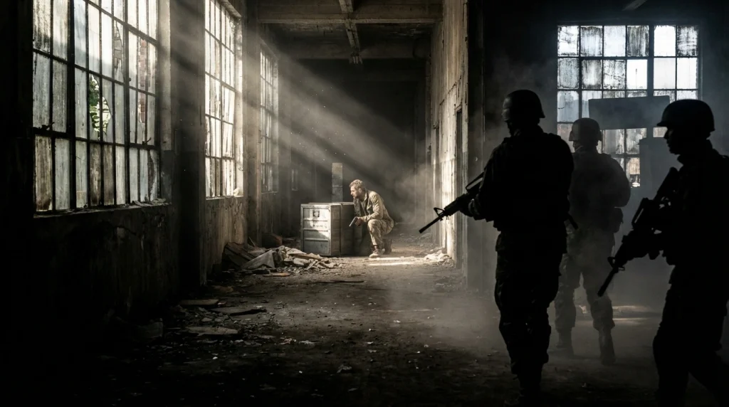 Metruk bir binanın merdivenlerinde askerler tarafından köşeye sıkıştırılan rüya sahibinin dramatik anı.