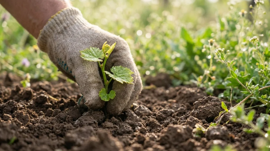 Toprağa yeni dikilen genç bir asma fidanı; hayırlı evlatları ve kalıcı başarıların temelini simgeler.