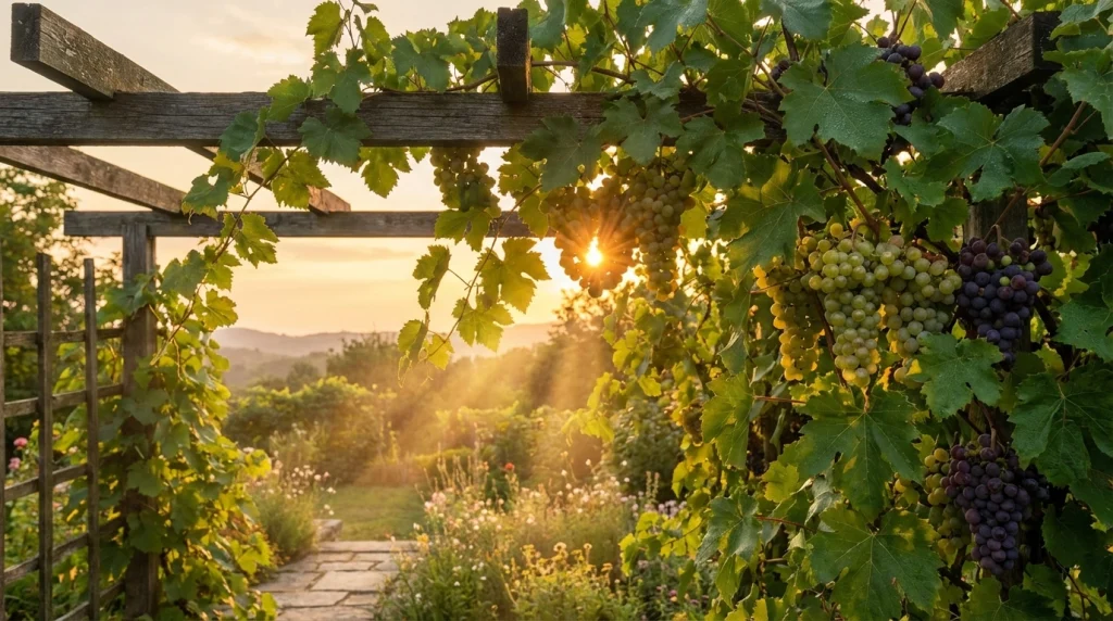 Güneş ışıklarının arasından süzüldüğü, salkım salkım üzümlerle dolu yemyeşil ve bereketli bir asma bahçesi.