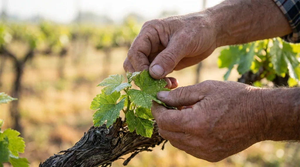 Taze ve yeşil asma yapraklarını özenle toplayan bir el; helal rızkı ve sabırla gelen bereketi simgeler.