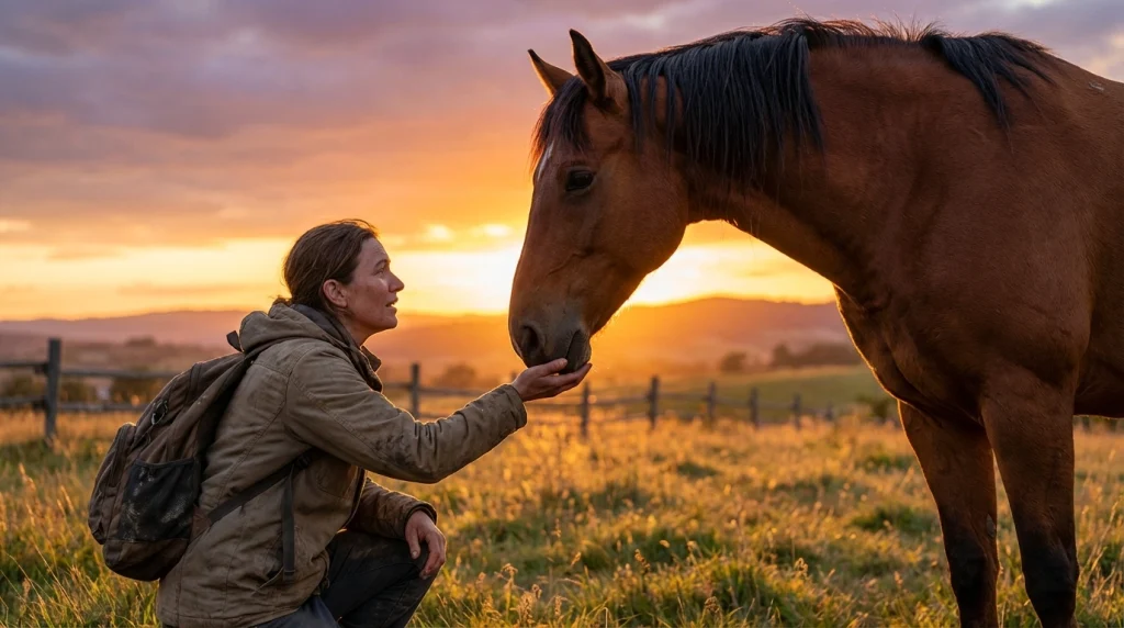 Rüyada kaçmayı bırakıp atla yüzleşmeyi ve korkuları yenmeyi temsil eden huzurlu kapanış görseli.