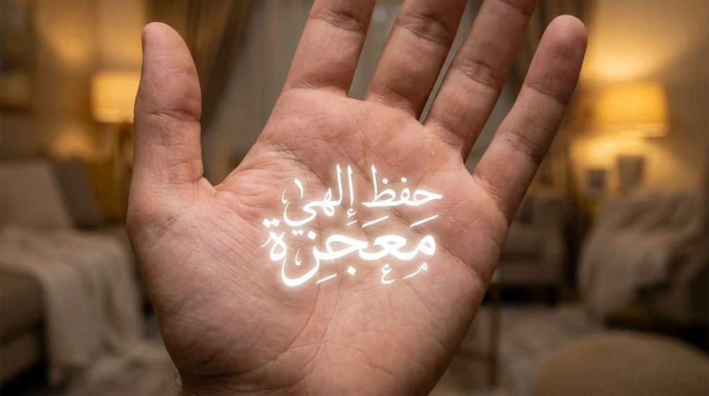 Bir insanın avuç içinde hafifçe parlayan, sanki cilde mühürlenmiş gibi duran zarif Arapça hattı.