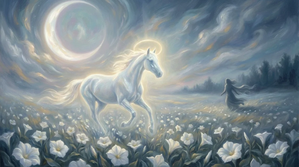 Rüyada beyaz bir attan kaçmanın manevi anlamını ve hayırlı bir kısmetten çekinmeyi simgeleyen görsel.