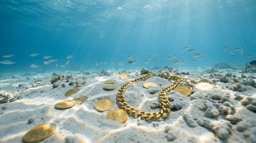 Denizin mavi derinliklerinde, kumların üzerine saçılmış ve yavaşça kuma gömülen altınlar.