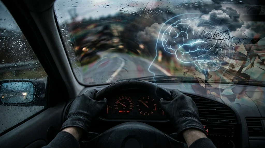 Direksiyon başında panikleyen bir sürücü ve kontrol dışı giden bir araç illüstrasyonu.