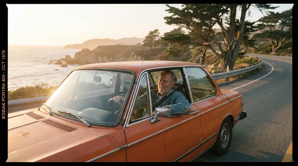 Eski bir arkadaşın klasik bir otomobili sürdüğü, geçmişe dönüşü ve nostaljiyi simgeleyen rüya görseli.