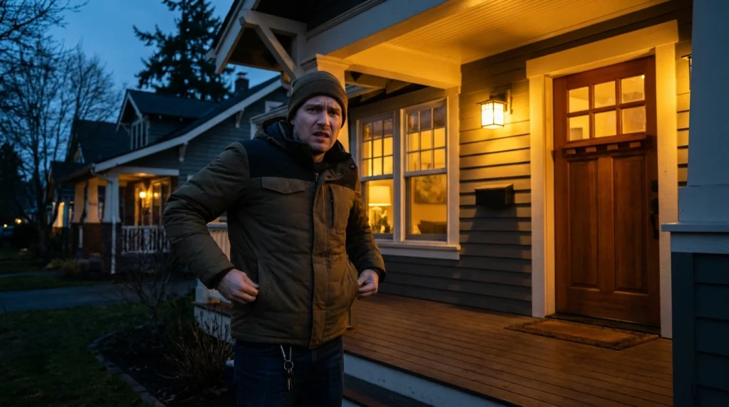 Bir evin önünde çaresizce anahtar arayan kişi, ailevi ve güvenlik kaygılarını simgeliyor.