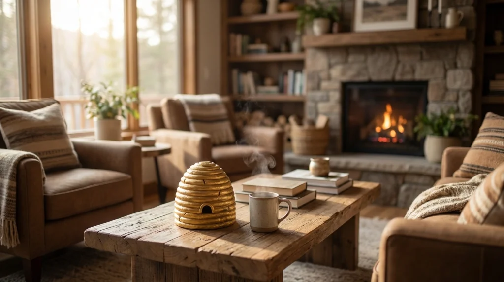 Aydınlık ve huzurlu bir evin salonunda, bereketin simgesi olarak duran estetik bir arı kovanı.