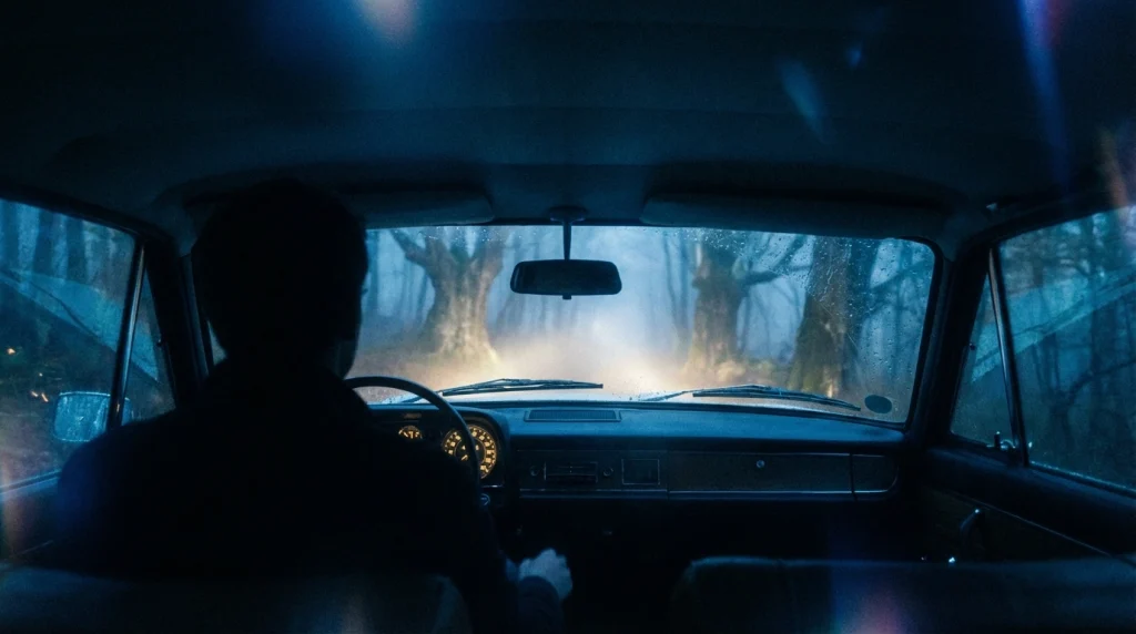 Karanlık bir yolda, arkadaşınızın kullandığı araçta yol alırken hissedilen gizem ve rehberlik ihtiyacını simgeleyen görsel.