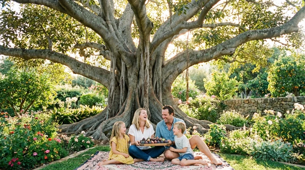 Rüyada incir ağacının altında oturmanın ve meyve yemenin getirdiği aile huzuru ve geniş rızık görseli.