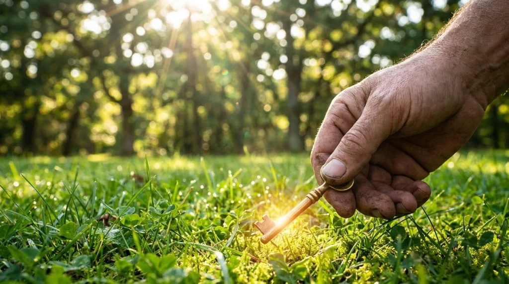 Kaybedilen anahtarın güneş ışığı altında parlayarak bulunması, umudu ve çözümü temsil eder.