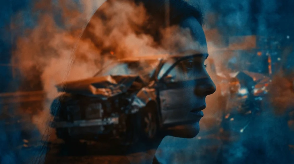 Bir insanın yüzü ile iç içe geçmiş, dumanlar tüten bir araba kazası illüstrasyonu; zihinsel karmaşayı simgeler.