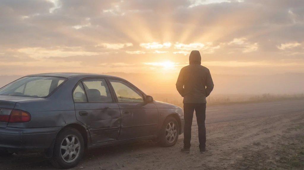 Hurdaya dönmüş bir araçtan yara almadan çıkan, umudu ve ilahi korunmayı simgeleyen figür.