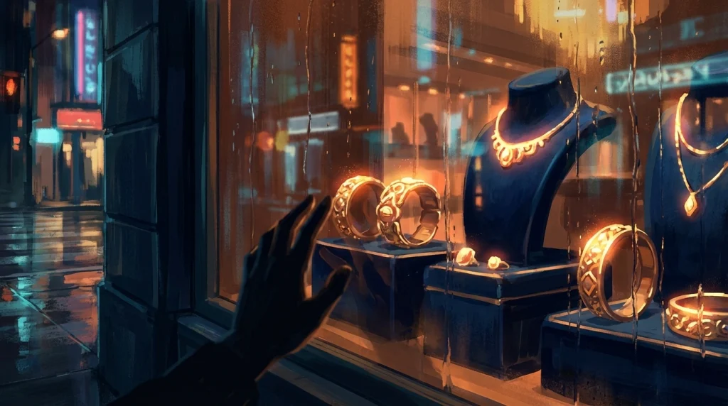Rüyada lüks bir kuyumcu vitrininden yansıyan altın takılar ve hırsızlık temasının sanatsal illüstrasyonu.