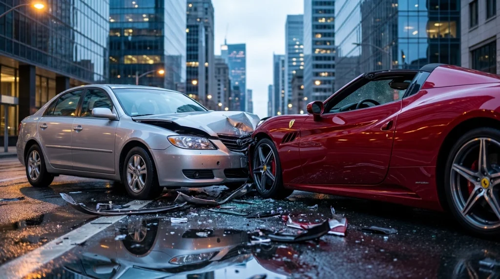 Maddi riskleri simgeleyen, lüks bir spor arabaya çarpma sahnesi.