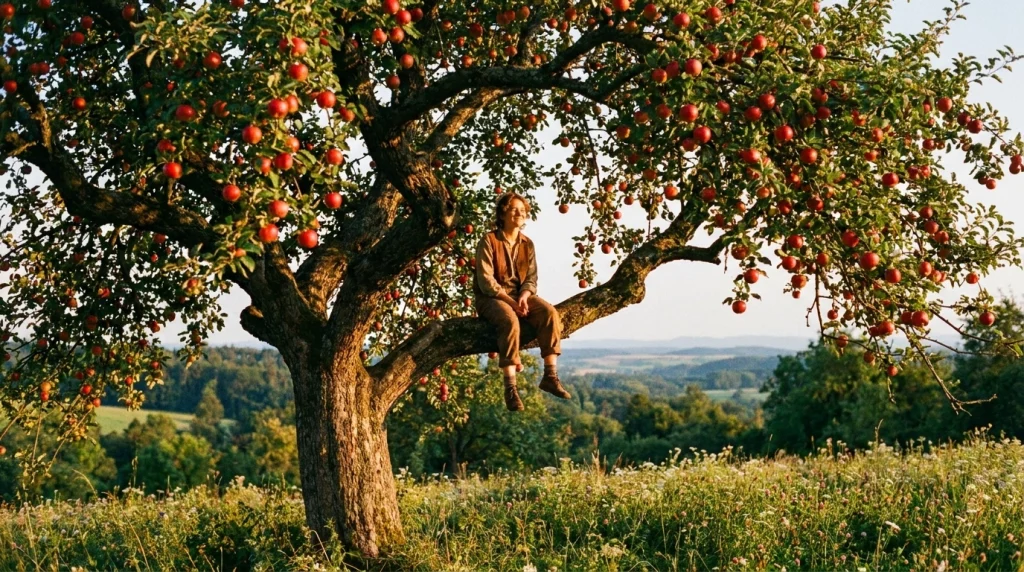 Bereketli ve meyveli bir ağacın dalları arasında huzur bulan insan figürü.