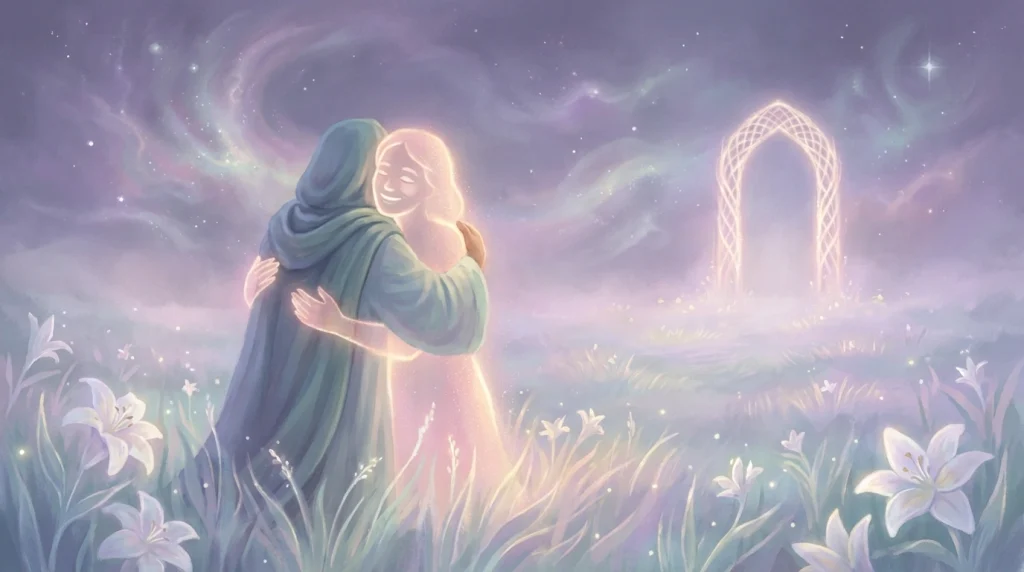 Rüyada vefat etmiş anneye sarılmanın yarattığı hasret ve vuslat duygusunu simgeleyen ruhani bir sahne.