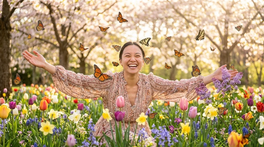 Rüyada imkansız bir aşkın gerçekleştiği anı simgeleyen, bahar çiçekleri içinde mutlu bir portre.
