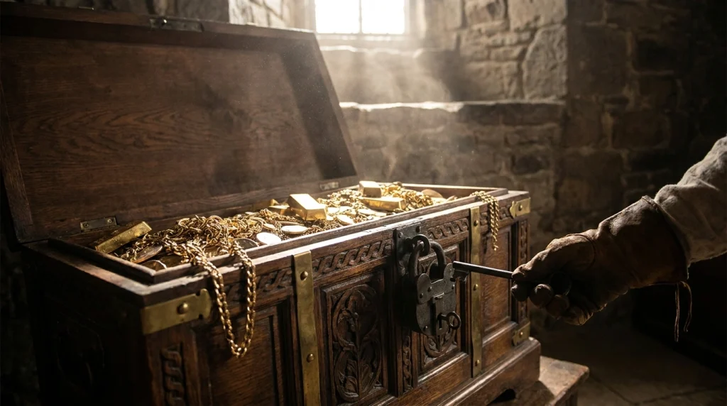 İçinde çok sayıda altın bulunan, antika ahşap bir sandığın kilitlenme anı.