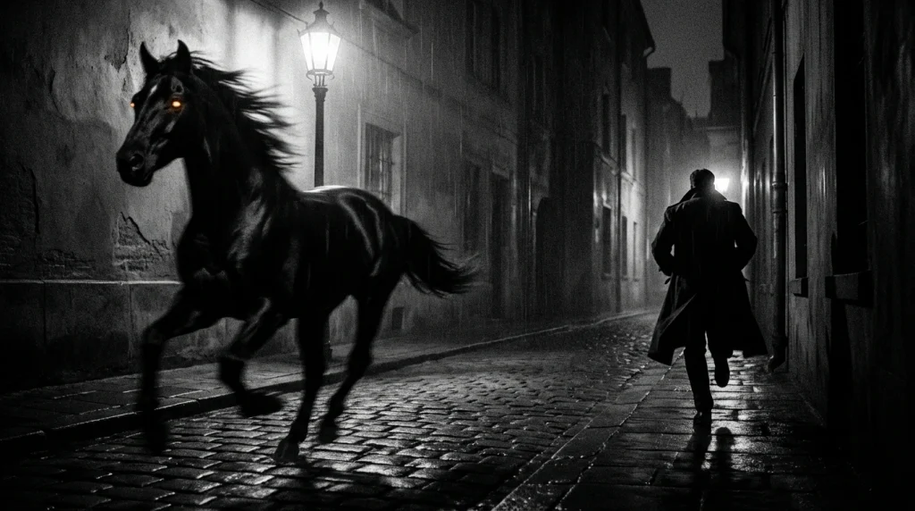 Rüyada siyah bir at tarafından kovalanmanın yarattığı maddi sorumluluk ve güç baskısı temalı görsel.