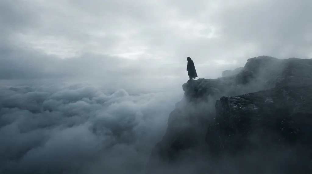 Sisli bir uçurumun kenarında duran ve boşluğa atlamak üzere olan gizemli rüya sahnesi.