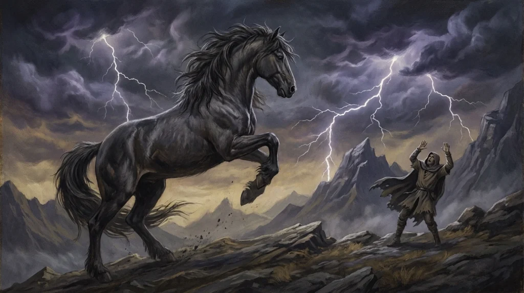 Şaha kalkmış vahşi bir attan kaçmanın simgelediği kontrolsüz güç ve tehlike anı.