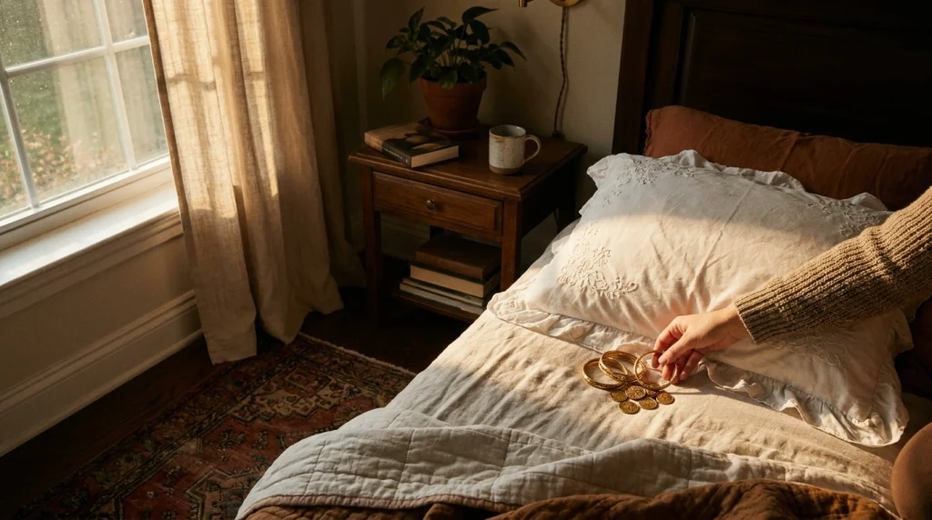 Bir yatak odasında yastığın altına saklanan parıldayan altın bilezikler.